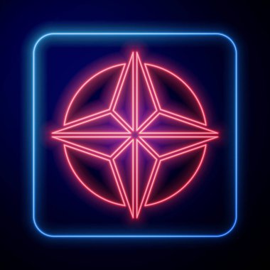 Parlayan neon rüzgarı ikonu mavi arkaplanda izole edildi. Seyahat için pusula simgesi. Navigasyon tasarımı. Vektör.