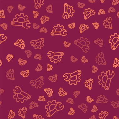 Kahverengi çizgi anahtarı ve dişli simgesi kırmızı arka planda izole edilmiş. Ayarlama, servis, ayar, bakım, onarım, onarım. Vektör İllüstrasyonu.