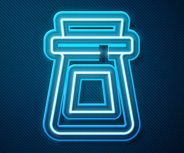 Mavi zemin üzerinde iksir ikonu olan parlak neon hattı şişesi. Sihirli iksirli matara. Mutlu Cadılar Bayramı Partisi. Vektör.