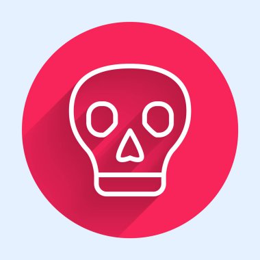 Beyaz Çizgili Kafatası simgesi uzun gölgeli izole edilmiş. Kırmızı daire düğmesi. Vektör.