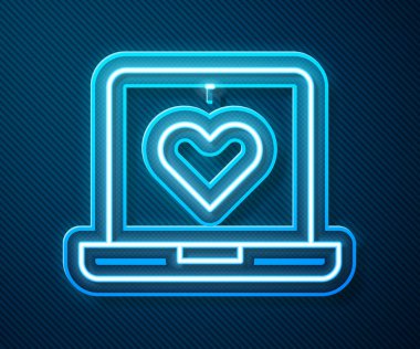 Parlayan neon hattı flört uygulaması çevrimiçi dizüstü bilgisayar konsepti simgesi mavi arkaplanda izole edildi. Kadın erkek profili düz tasarım. Çift ilişki için eşleşiyor. Vektör.