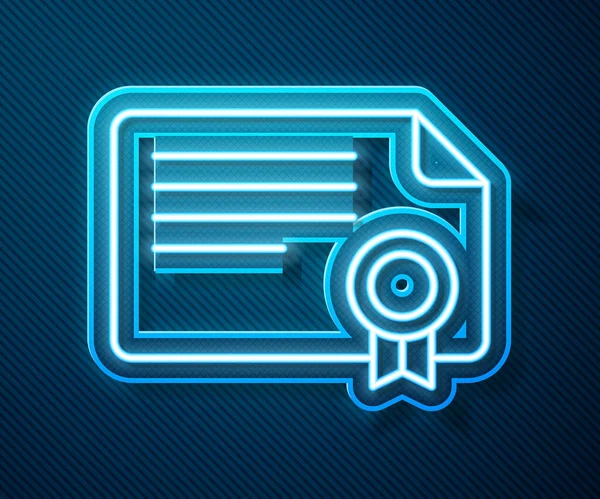 Glowing Neon Line Certificate Template Icon Isolated Blue Background 보조금 — 스톡 벡터