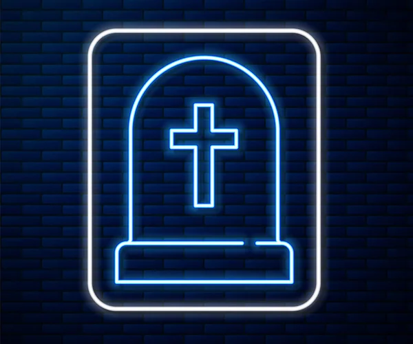 Zářící Neonová Čára Tombstone Ikonou Kříže Izolované Pozadí Cihlové Zdi — Stockový vektor