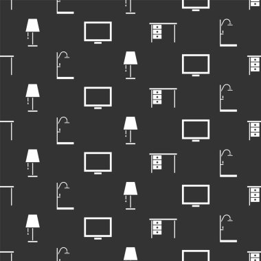 Ofis masası, duş masası, masa lambası ve resim çerçevesini pürüzsüz bir şablona ayarla. Vektör.