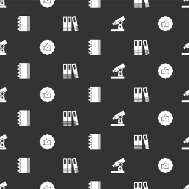 Mikroskop, baş parmak yukarı, Spiral defter ve ofis klasörlerini kusursuz desen üzerine ayarla. Vektör.