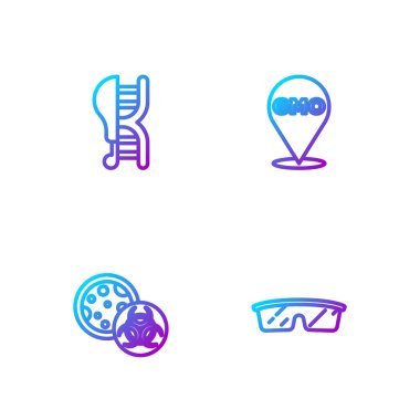 Laboratuvar gözlükleri, GDO, genetiği değiştirilmiş tavuk ve... Renk simgeleri. Vektör.