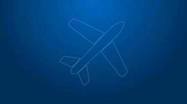 Beyaz çizgi düzlem simgesi mavi arkaplanda izole edildi. Uçan uçak ikonu. Uçak tabelası. 4K Video hareketli grafik canlandırması