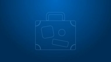 Seyahat simgesi için beyaz bavul mavi arkaplanda izole edildi. Seyahat bagaj tabelası. Seyahat bagaj ikonu. 4K Video hareketli grafik canlandırması