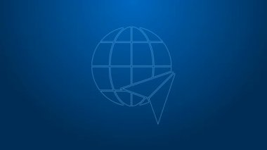 Uçan uçak ikonuna sahip beyaz çizgi Globe mavi arka planda izole edildi. Uçak Dünya 'nın etrafında uçuyor. Uçak dünyası ikonu. 4K Video hareketli grafik canlandırması