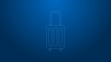 Seyahat simgesi için beyaz bavul mavi arkaplanda izole edildi. Seyahat bagaj tabelası. Seyahat bagaj ikonu. 4K Video hareketli grafik canlandırması