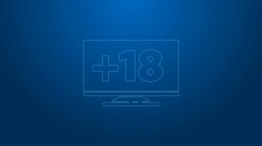 Mavi zemin üzerinde 18 içerik simgesi bulunan beyaz çizgi bilgisayar monitörü. Yaş sınırlama sembolü. Seks içeriği işareti. Yetişkin kanalı. 4K Video hareketli grafik canlandırması