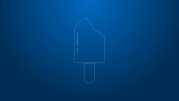 白色线冰淇淋图标孤立在蓝色背景。甜蜜的象征。4K视频运动图形动画 — 图库视频影像