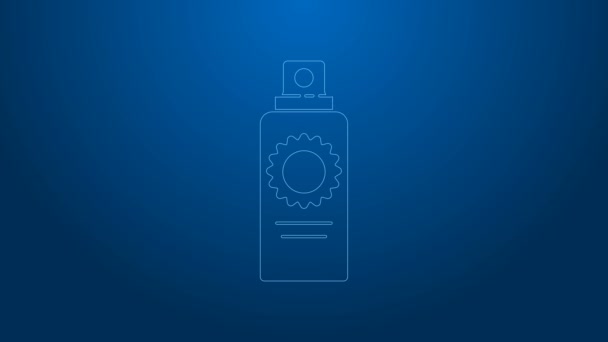 White line Sunscreen spray bottle icon isolated on blue background. Protection for the skin from solar ultraviolet light. 4K Video motion graphic animation — Stock Video