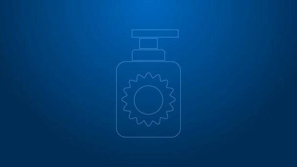 Bílá čára Opalovací krém sprej ikona izolované na modrém pozadí. Ochrana pokožky před slunečním ultrafialovým světlem. Grafická animace pohybu videa 4K — Stock video