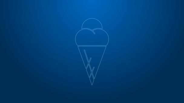 Fehér vonal Jégkrém gofri kúp ikon elszigetelt kék alapon. Édes szimbólum. 4K Videó mozgás grafikus animáció — Stock videók