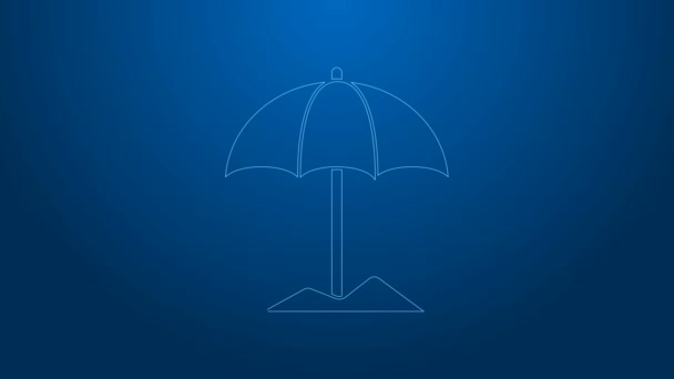 White line Sun protective umbrella for beach icon isolated on blue background. Large parasol for outdoor space. Beach umbrella. 4K Video motion graphic animation — Stock Video