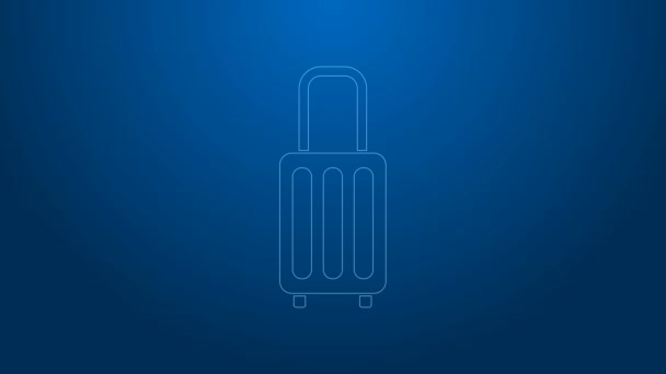 화이트 라인 여행 아이콘을 위한 화이트 라인 스위트 케이스는 파란 배경에 분리되어 있다. 여행 가방 표지판. 여행 가방 아이콘. 4K 비디오 모션 그래픽 애니메이션 — 비디오