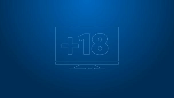 Bílá čára Počítačový monitor s 18 plus obsah ikony izolované na modrém pozadí. Symbol věkového omezení. Podpis obsahu sexu. Kanál pro dospělé. Grafická animace pohybu videa 4K - Stock záběr