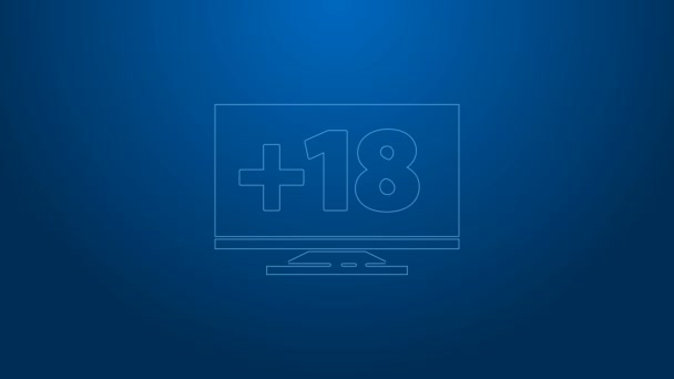 White line Computer monitor with 18 plus content icon isolated on blue background. Age restriction symbol. Sex content sign. Adult channel. 4K Video motion graphic animation — Stock Video