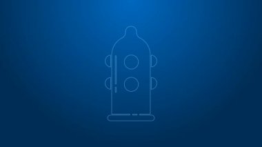 Beyaz çizgi prezervatif güvenli seks ikonu mavi arka planda izole edildi. Güvenli aşk sembolü. Erkekler için doğum kontrol yöntemi. 4K Video hareketli grafik canlandırması