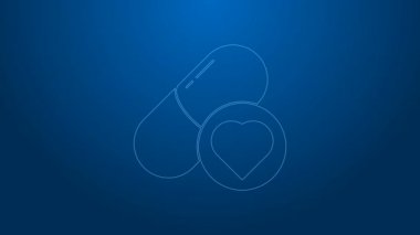 İktidar için beyaz çizgi hapları, mavi arka planda izole edilmiş afrodizyak ikonu. Erkekler ve kadınlar için seks hapları. 4K Video hareketli grafik canlandırması