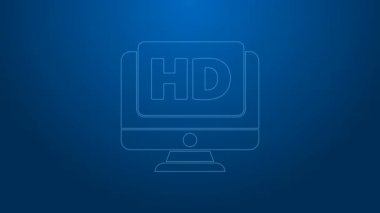 Mavi arkaplanda HD video teknolojisi simgesi izole edilmiş beyaz çizgi Bilgisayarlı PC monitörü. 4K Video hareketli grafik canlandırması