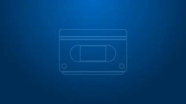 Mavi arkaplanda beyaz çizgi VHS video kaset ikonu izole edildi. 4K Video hareketli grafik canlandırması