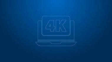Mavi arkaplanda 4k video teknolojisi simgesi olan beyaz çizgi dizüstü bilgisayar ekranı. 4K Video hareketli grafik canlandırması