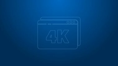 Mavi arkaplanda 4k Ultra HD video teknolojisi ikonu bulunan Beyaz Hat Online oynatma videosu. Oyun işaretli film şeridi. 4K Video hareketli grafik canlandırması