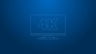 Mavi arkaplanda 4k Ultra HD video teknolojisi ikonu bulunan beyaz çizgi ekran televizyon. 4K Video hareketli grafik canlandırması