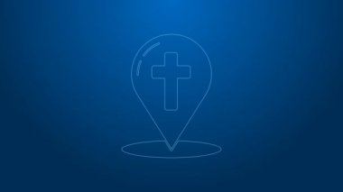 Mavi arka planda Hristiyan haç simgesi olan beyaz çizgi haritası işaretçisi. 4K Video hareketli grafik canlandırması