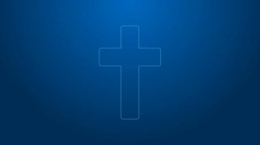 Beyaz çizgi Hıristiyan çapraz simgesi mavi arka planda izole edildi. Kilise haçı. 4K Video hareketli grafik canlandırması