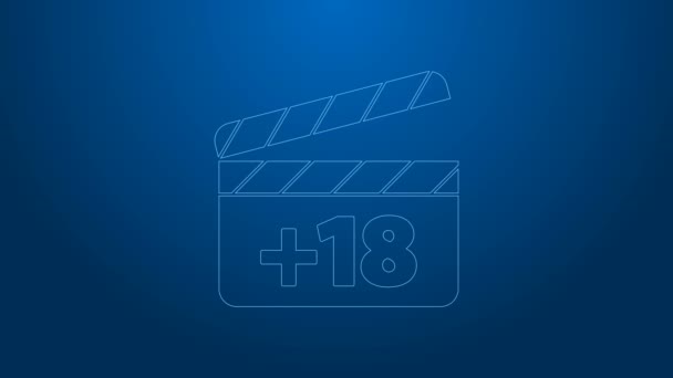 White line Movie clapper with 18 plus content icon isolated on blue background. Age restriction symbol. Adult channel. 4K Video motion graphic animation — Stock Video