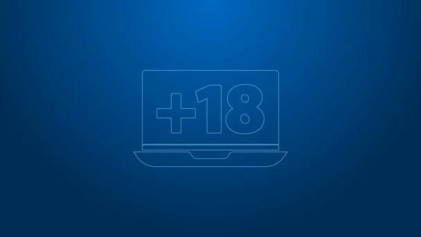 White line Laptop with 18 plus content icon isolated on blue background. Age restriction symbol. Adult channel. 4K Video motion graphic animation — Stock Video