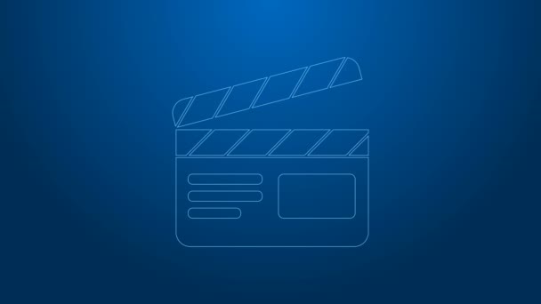 白い線青の背景に隔離されたムービークラッパーアイコン。フィルムクラッパーボード。クラッパーボードのサインだ。映画制作やメディア業界。4Kビデオモーショングラフィックアニメーション — ストック動画