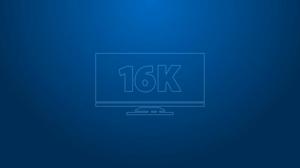 Mavi arkaplanda 16k Ultra HD video teknolojisi ikonu bulunan beyaz çizgi ekran televizyon. 4K Video hareketli grafik canlandırması — Stok video