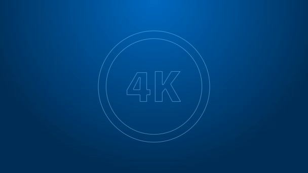 Línea blanca 4k Icono Ultra HD aislado sobre fondo azul. Animación gráfica de vídeo 4K — Vídeo de stock