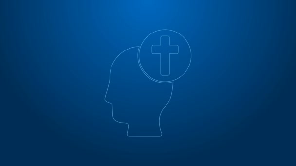 Biała linia Ludzka głowa z ikoną krzyża chrześcijańskiego odizolowana na niebieskim tle. 4K Animacja graficzna ruchu wideo — Wideo stockowe