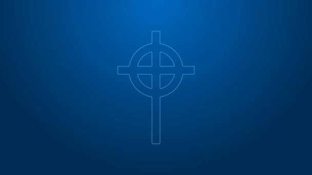 白线基督教交叉图标孤立在蓝色背景。教堂十字架。4K视频运动图形动画 — 图库视频影像