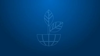 Beyaz çizgi Dünya küresi ve bitki ikonu mavi arka planda izole edildi. Dünya ya da Dünya işareti. Geometrik şekiller. Çevresel konsept. 4K Video hareketli grafik canlandırması