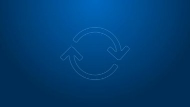 Beyaz çizgi yenileme simgesi mavi arkaplanda izole edildi. Sembolü yeniden yükle. Döndürme okları daire işareti şeklinde. 4K Video hareketli grafik canlandırması
