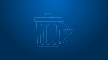 Mavi arkaplanda izole edilmiş geri dönüşüm sembolü simgesi olan beyaz çizgi geri dönüşüm kutusu. Çöp kutusu simgesi. Çöp kutusu tabelası. Geri dönüşüm sepeti işareti. 4K Video hareketli grafik canlandırması