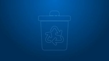 Mavi arkaplanda izole edilmiş geri dönüşüm sembolü simgesi olan beyaz çizgi geri dönüşüm kutusu. Çöp kutusu simgesi. Çöp kutusu tabelası. Geri dönüşüm sepeti işareti. 4K Video hareketli grafik canlandırması