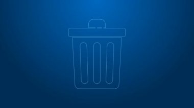 Beyaz çizgi çöp kutusu simgesi mavi arkaplanda izole edildi. Çöp kutusu tabelası. Sepet simgesini geri dönüştür. Ofis çöpü ikonu. 4K Video hareketli grafik canlandırması