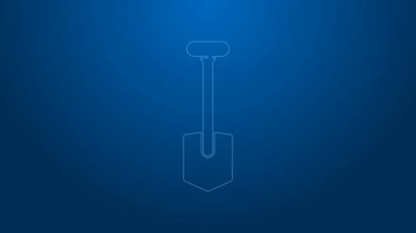 Mavi arkaplanda beyaz çizgi kürek simgesi izole edildi. Bahçe aletleri. Bahçecilik, tarım, çiftçilik aleti. 4K Video hareketli grafik canlandırması