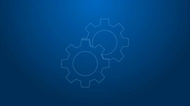 Mavi arkaplanda beyaz çizgi dişli simgesi izole edildi. Çarklı teçhizat ayarları. İşçi sembolü. 4K Video hareketli grafik canlandırması