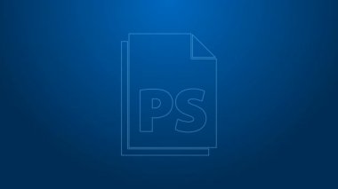 Beyaz çizgi PS Dosya simgesi mavi arkaplanda izole edildi. 4K Video hareketli grafik canlandırması
