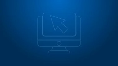 Beyaz çizgi bilgisayar monitörü ve imleç simgesi mavi arkaplanda izole edildi. Boş ekran işaretli bilgisayar defteri. 4K Video hareketli grafik canlandırması