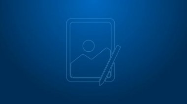 Mavi arkaplanda beyaz çizgi grafik tableti simgesi izole edildi. 4K Video hareketli grafik canlandırması