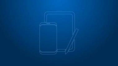 Beyaz çizgi akıllı telefon, cep telefonu ve mavi arkaplanda izole edilmiş grafik tablet simgesi. 4K Video hareketli grafik canlandırması